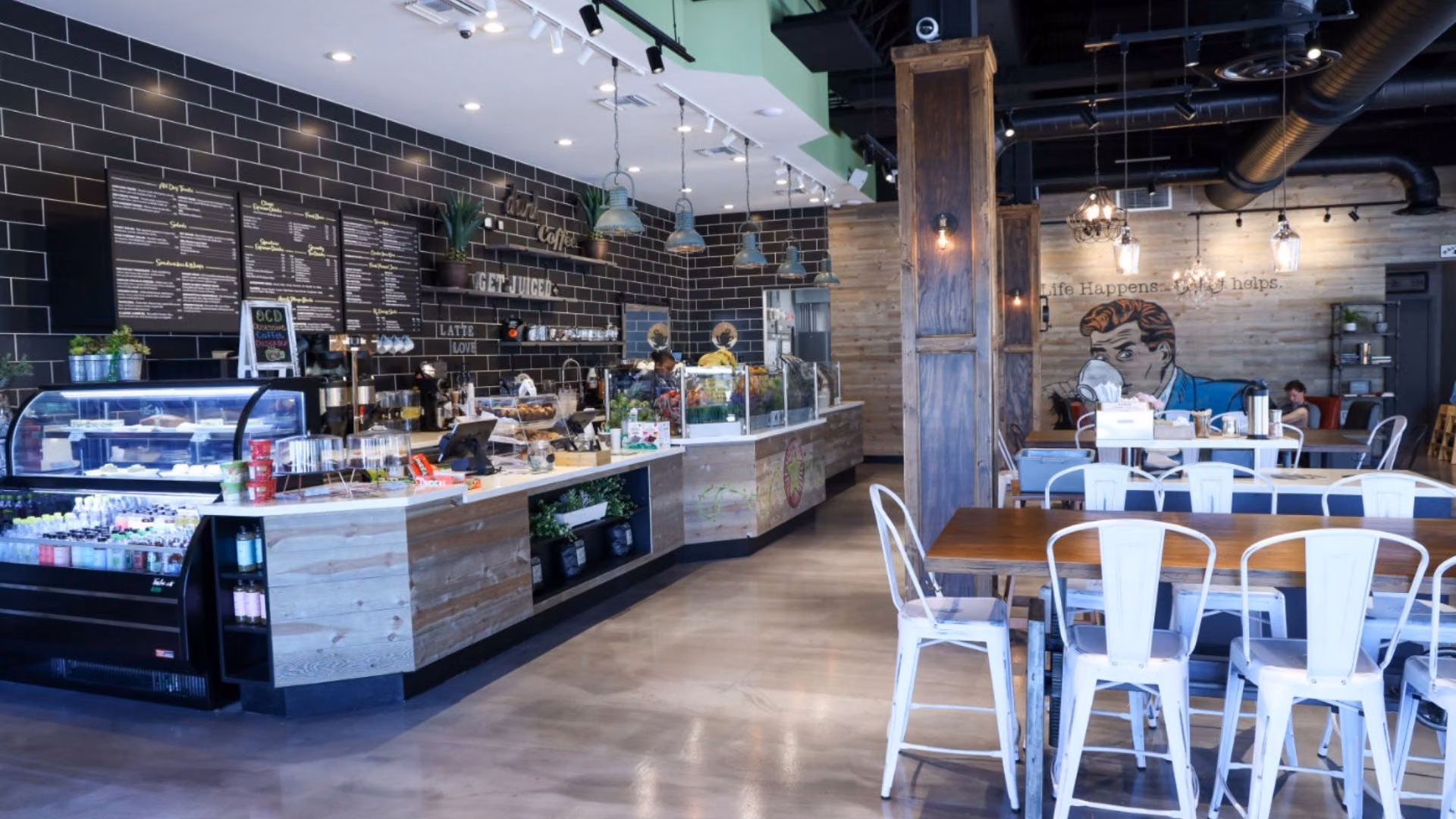 The counter and seating inside a Fort Lauderdale cafe